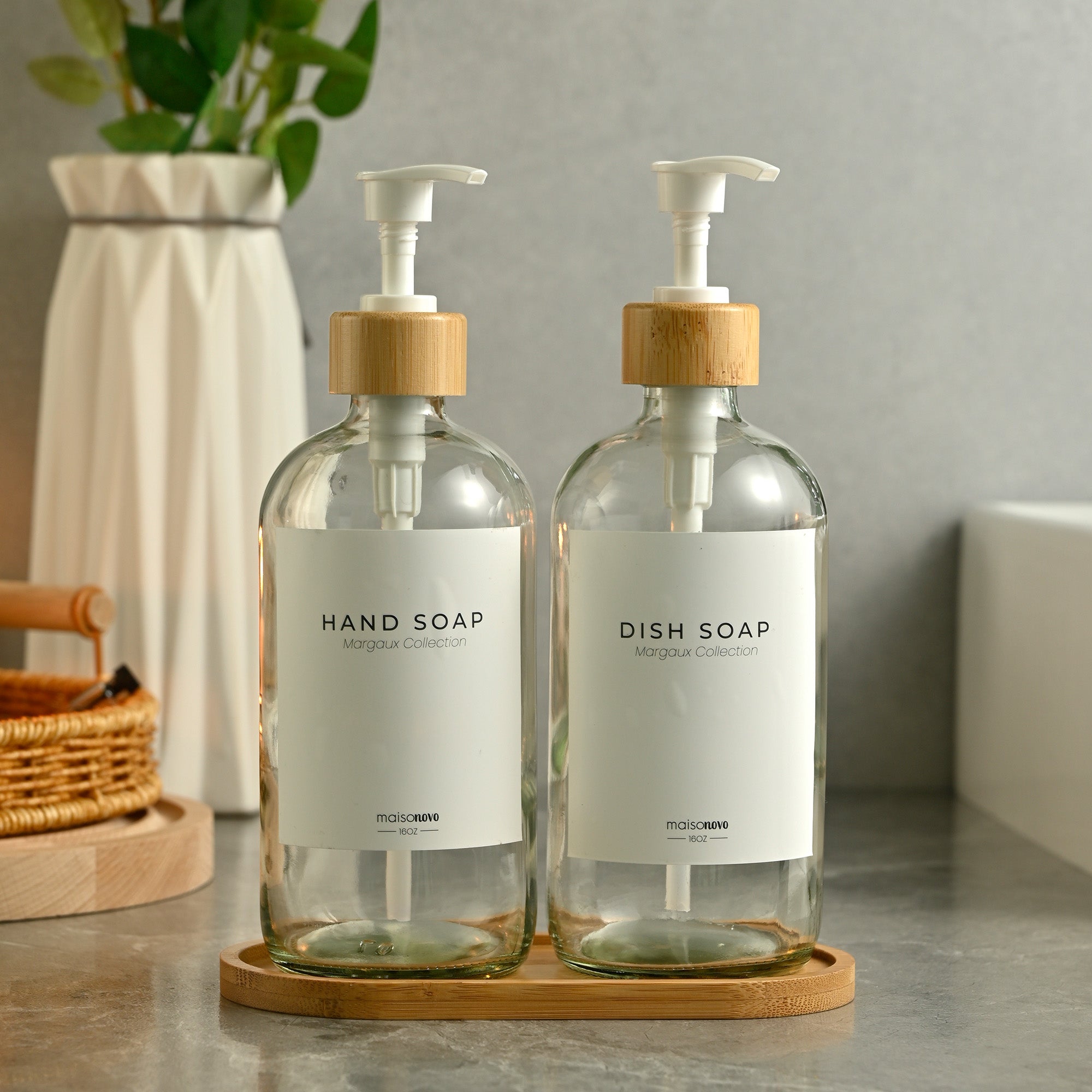 Bamboo Soap Dispenser and Tray Set Clear Glass