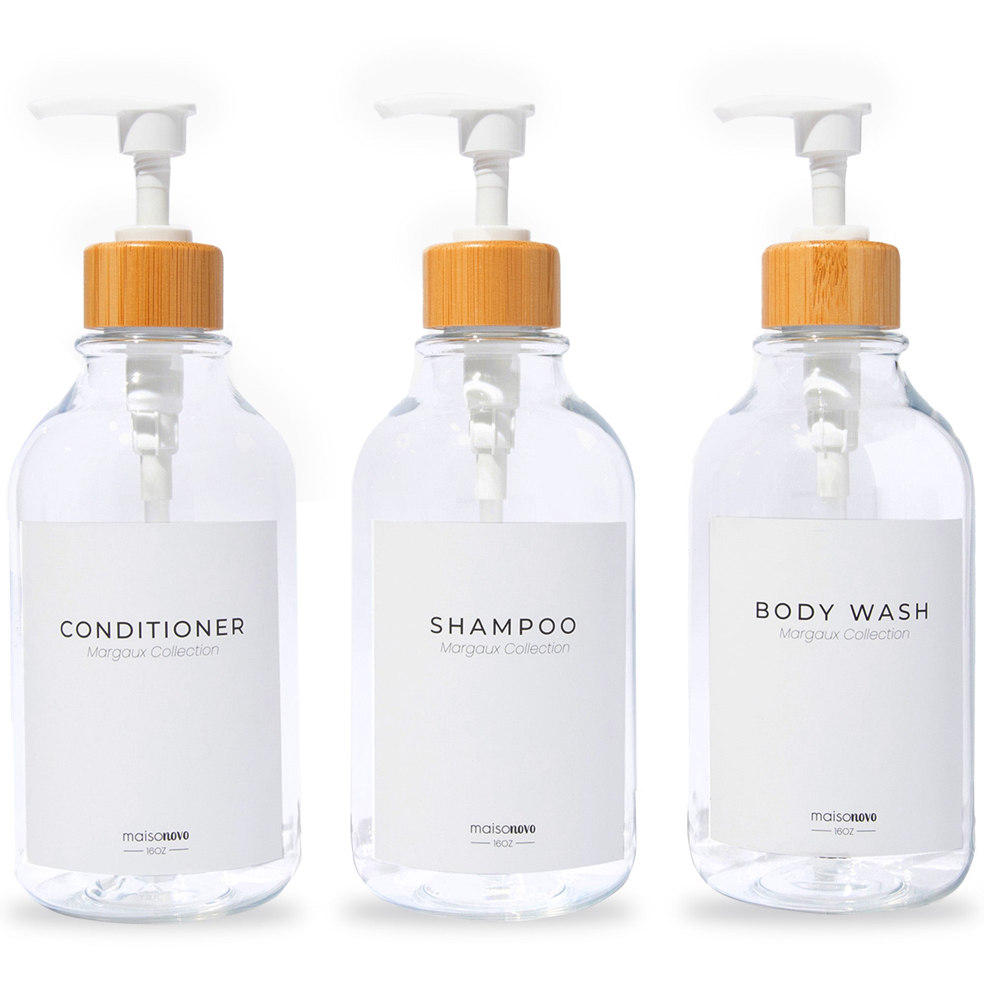 Shower Dispenser Clear Bottles with Bamboo Pump