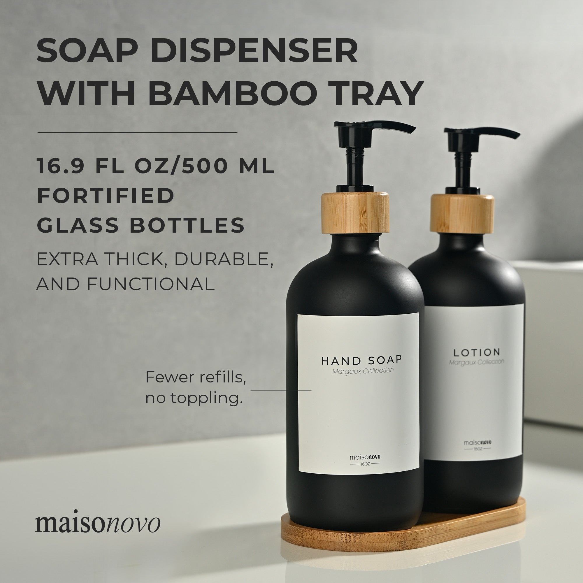 Bamboo Soap Dispenser and Tray Set Black Glass