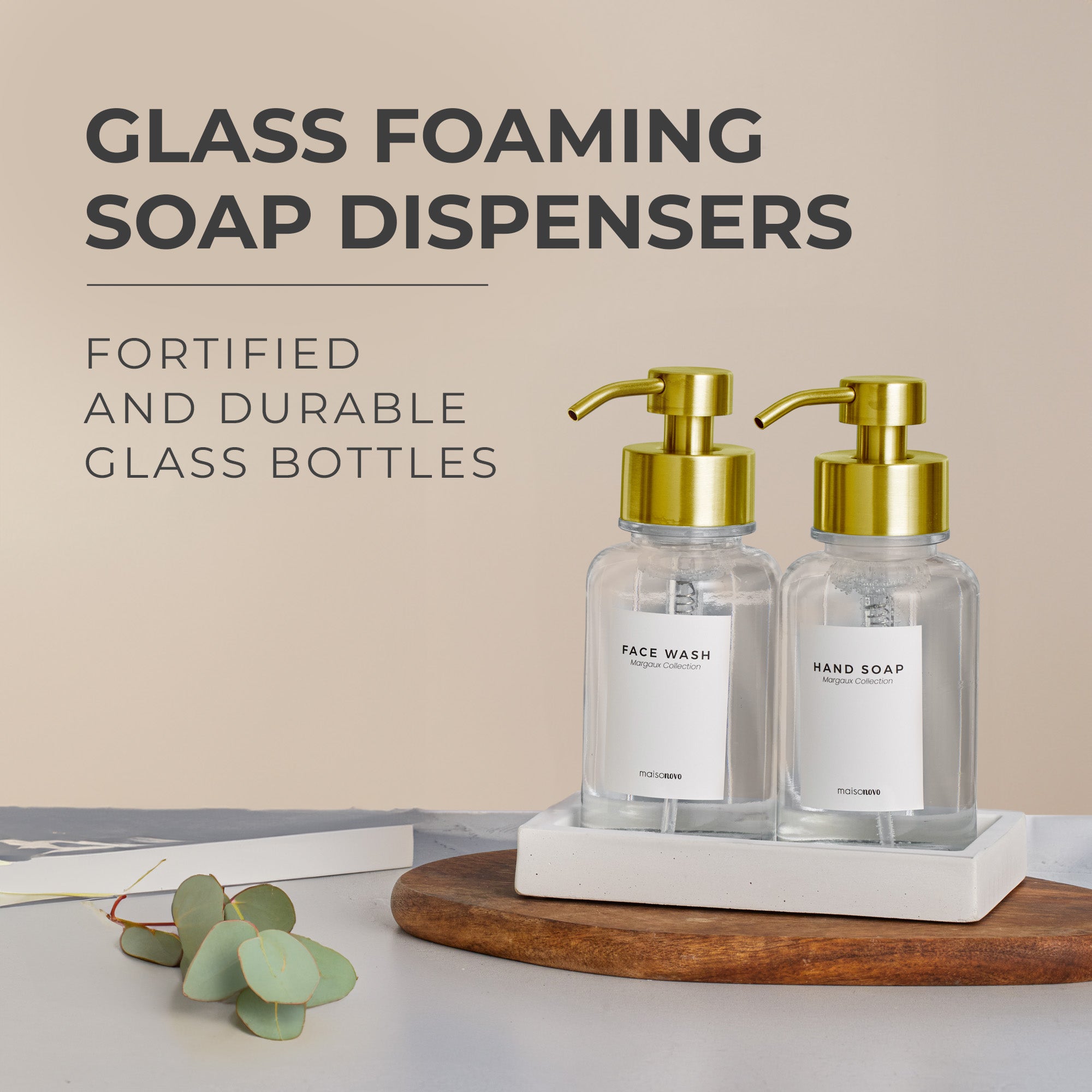 Glass Foaming Soap Dispensers 8oz Clear / Gold + Tray