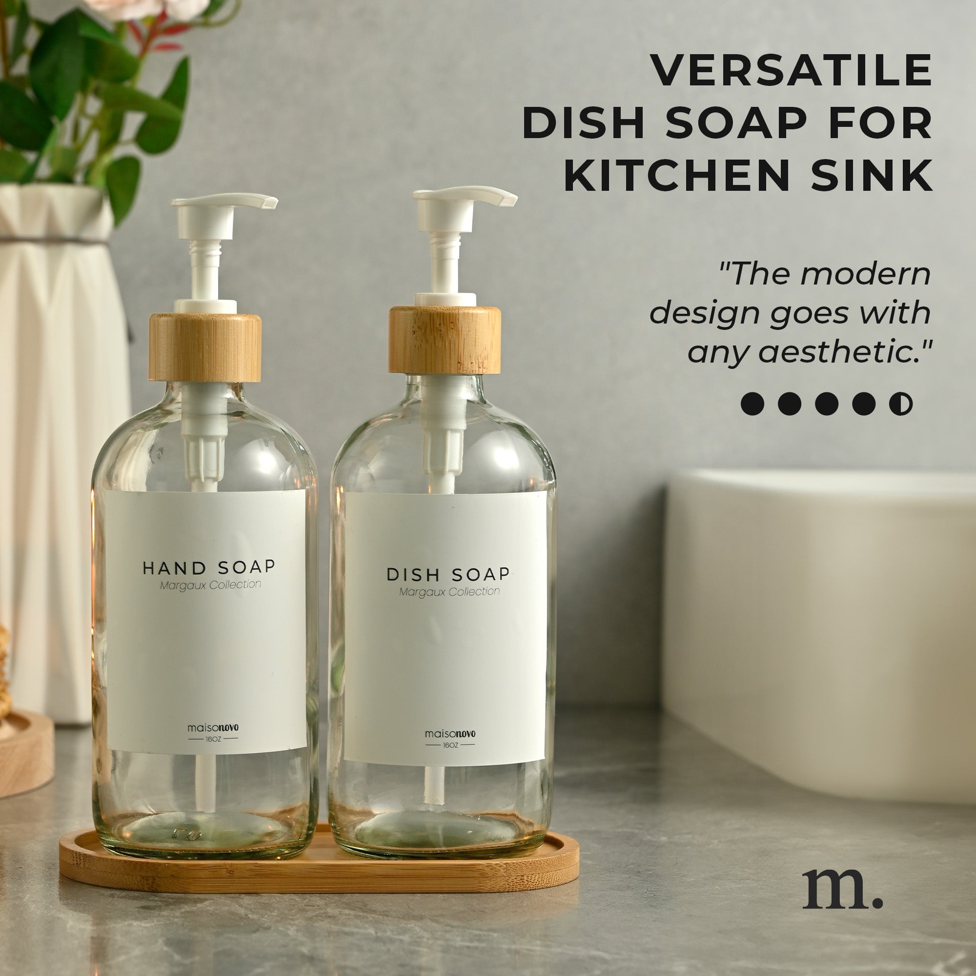 Bamboo Soap Dispenser and Tray Set Clear Glass