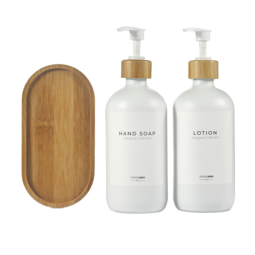 Simple Bamboo and Wood Tray Shampoo Shower Gel Conditioner Bottle